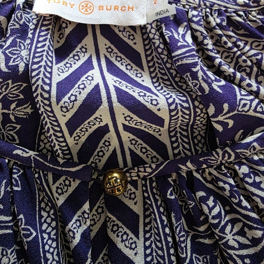 Tory Burch Purple Pleated Blouse with Mandarin Collar